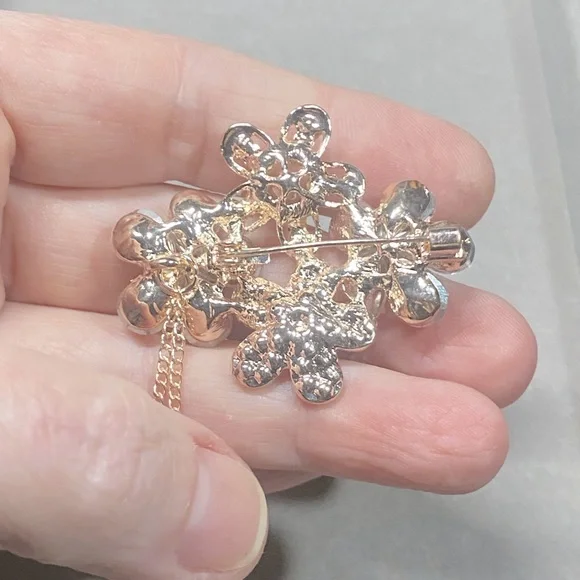 Sparkling Blossom Pearl Brooch With Aurora Borealis Crystals & Dangling Pearls - Picture 6 of 6